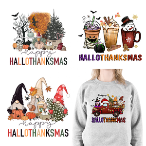 Happy hollogratsmas Logos DTF Santa Coffee Cup autunno natale Halloween festa del ringraziamento adesivo a trasferimento termico <span class=keywords><strong>per</strong></span> i vestiti - Product Image 1