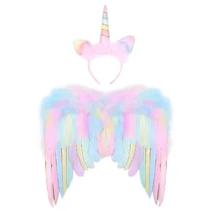 Asas de anjo com unicórnio para crianças, fantasia de vestido rosa, asas de anjo com unicórnio, tiara de princesa, asas para crianças, meninas, festa de natal, halloween