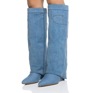 Custom Styles Women Blue Denim Overlay Knee High <b>Boots</b> Ladies High Wedge Heels Shoes Folded Pointed Toe Long Booties - Product Image 1