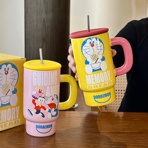 Zuo Mu Doraemon Ceramic <b>Cup</b> with Lid and Handle Large Capacity <b>Insulated</b> Straw <b>Cup</b> First-class Quality for Gift Spring 2025 - Product Image 5