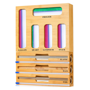 Bamboo Divider Wall Mounted Plastic Bag Dispenser With Cling Film And Wax <b>Paper</b> Storage For <b>Kitchen</b> Organization - Product Image 5