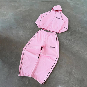 ชุดเซ็ตเสื้อฮู้ดซิปเต็มตัวผ้าฝ้าย 100% ลายทางสีดำแบบกำหนดเอง และกางเกงวอร์มทรงหลวม ชุดออกกำลังกาย ดีไซน์แทรคสูท ชุดวอร์ม ยูนิเซ็กซ์ - Product Image 1
