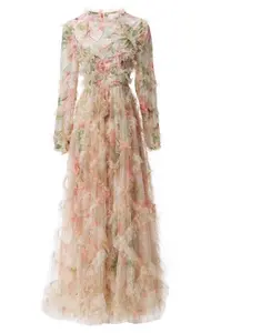 XXL uzun elbisesi elbise 2023 ilkbahar yaz yüksek kalite düğün parti kadın Allover fırfır çiçek desenleri uzun kollu elbise Fest