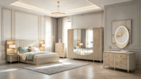 Ensemble de meubles de chambre principale minimaliste français avec cadre de lit LED en velours crème à finition dorée, armoire miroir et commode à tiroirs LED