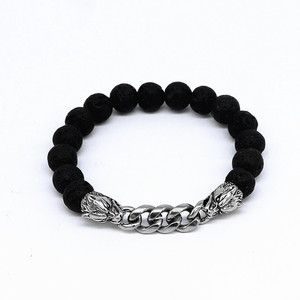 Yunnique – Bracelet en pierre volcanique perlée pour hommes, tête de loup, chaîne en acier inoxydable de 10mm, bijoux cadeau - Product Image 1
