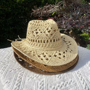 Chapeau de paille d'été classique vintage fait main à large bord ajouré style western, idéal pour la pêche, la randonnée et les activités de plein air pour femmes et hommes - Product Image 2