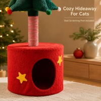 Griffoir pour chat en forme de sapin de Noël festif avec maisonnette fermée, poteau à griffer vertical pour le jeu et le repos des animaux domestiques en intérieur pendant les fêtes