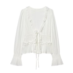 PB&ZA Donna 2026 Primavera Nuova Moda Camicette in <span class=keywords><strong>Tulle</strong></span> Decorativo Laminato Ricamato Vintage a Maniche Lunghe Blusas Chic da Donna - Product Image 1