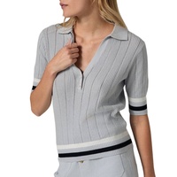 Pull Polo Tricoté Léger et Ajusté pour Femme 100% Coton, Manches Courtes, Bordure Contrastante, Style Preppy – Vente en Gros Personnalisée