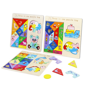 Rompecabezas de madera tres en uno para niños, bloques de construcción geométricos educativos, rompecabezas de aprendizaje temprano, 4-6 años - Product Image 5