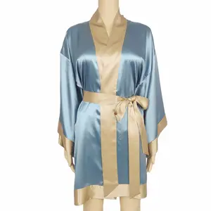 Classic Design Grey Blue 6A Grade 100% Pure Silk Comfortable Silk Satin Cardigan Robe Gown