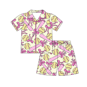 GSSO3012 CUSTOM Ensemble de vêtements pour petite fille active, imprimé baseball jaune, vente en gros pour enfants, ensemble à manches courtes, ensemble pour fille - Product Image 1