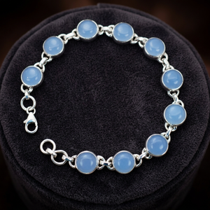 Bohemia Blue Chalcedony 925 Sterling <b>Silver</b> Gold Plated Chain Link Round Unisex Bracelet - Product Image 3