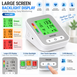 <span class=keywords><strong>RAK289</strong></span> Automatisches Digitales Blutdruckmessgerät mit 3-Farben-Hintergrundbeleuchtung LCD-Display 2x99 Speicherplätze CE-Zertifiziert - Product Image 4