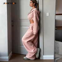 Survêtements pour femmes de haute qualité, logo personnalisé, sweats à capuche courts à fermeture éclair et pantalons de survêtement à jambes larges, ensembles de 2 pièces, fabricants de vêtements de sport