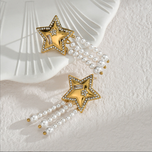 Nuovi <span class=keywords><strong>Orecchini</strong></span> Pendenti Lunghi alla Moda con Perle, Gioielli da Ragazza in <span class=keywords><strong>Acciaio</strong></span> Inossidabile con Stella di Diamanti e Nappa a Forma di Cuore - Product Image 3