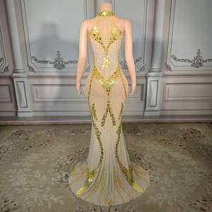 <span class=keywords><strong>Vestido</strong></span> Maxi Elegante y Sexy de Chifón con Pedrería y Hombros Descubiertos ZD - Dorado Brillante Transpirable para Fiestas, Banquetes y Cumpleaños - Product Image 2