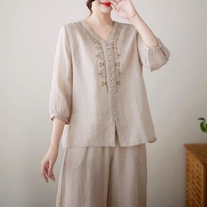 Women's Cotton <b>Linen</b> Two Piece <b>Set</b> V Neck Wide Leg Pants Casual Loose Fit Breathable Three Quarter Sleeve Top Outfit - Product Image 4