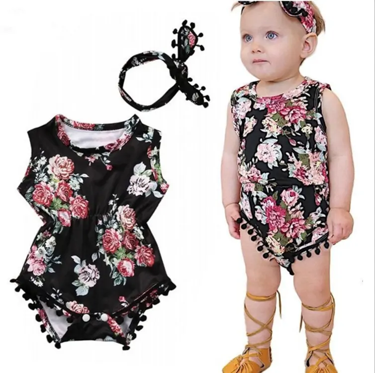 Roupas de bebê, atacado preço agradável crianças roupas de algodão doce flor roupas de bebê com faixa de cabelo
