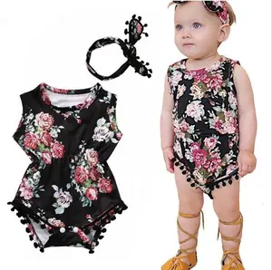 Ropa de algodón para niños pequeños, ropa de bebé con cinta para el pelo, bonita, con flores, venta al por mayor