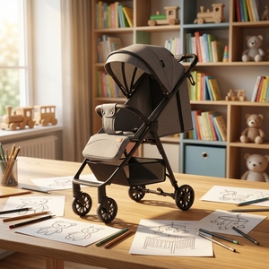 รถเข็นเด็กพับได้ขนาดกะทัดรัด <span class=keywords><strong>HotMom</strong></span> ผ้าลินิน โครงเหล็กสแตนเลสพับได้ด้วยปุ่มเดียว หลังคาผ้ากันน้ำสำหรับการเดินทางกลางแจ้ง - Product Image 5