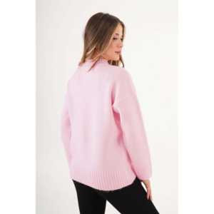 Suéter Rosa Básico con Detalle Acanalado para Mujer, Top Casual de Punto de Alta Calidad con Logotipo Frontal, Talla XS para Primavera/Invierno - Product Image 1