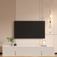 Meuble TV long et minimaliste blanc avec plateau en pierre, centre de divertissement multimédia, meuble TV pour salon