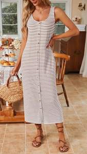 Vestido Largo Elegante de Verano con Cuello en U y Diseño de Botones a Rayas, Vestidos Ajustados de Punto Cómodos y Suaves sin Mangas para Mujer - Product Image 5