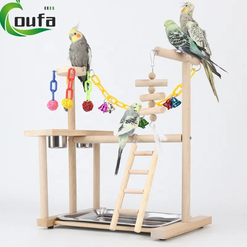 Suporte de mesa para papagaio pequeno, madeira natural artesanal, porta-pássaros portátil para jogos de ginástica com copos alimentadores