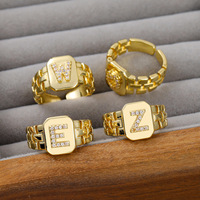 Personalisierter A-Z Initialen-Buchstabenring 18K Vergoldet im Uhrenarmband-Stil mit Pavé-CZ Offener Ring