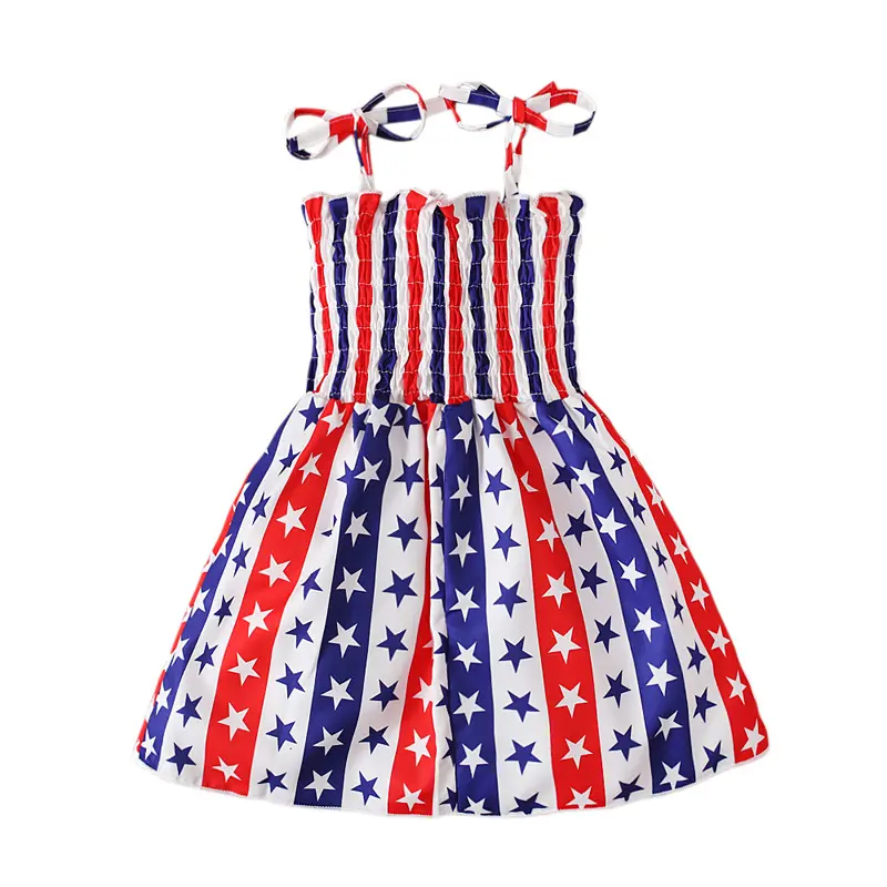 Vestido de tirantes con estampado de la bandera americana para niñas, Vestido con tirantes ahumados del 4 de julio