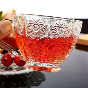 卸売色ひまわりガラスコーヒーカップ格安エンボス彫刻ガラスティーカップとソーサーセット - Product Image 3