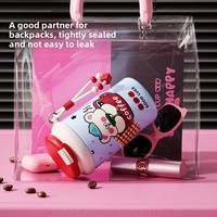 Taza de Café de Acero Inoxidable con Dibujos Animados de Animales, Botella de Agua de 320 ml, Aislada al Vacío, a Prueba de Fugas, con Correa de Transporte para Acampar, para Niñas, 12 oz