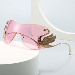 Lunettes de soleil surdimensionnées à verres monobloc UV400 pour femmes, avec logo personnalisé, monture cygne ornée de strass de luxe, collection 2025 - Product Image 1