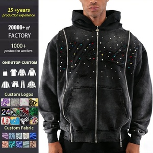 Échantillon gratuit de vêtements, fabricants de vêtements streetwear, broderie lourde personnalisée, vintage, lavage à l'acide, strass, veste à capuche zippée - Product Image 1