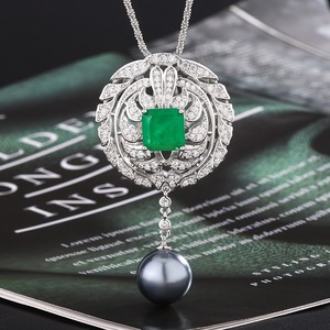 Bandul kalung liontin safir zamrud mutiara, Set perhiasan halus pesta pernikahan hari jadi wanita - Product Image 2