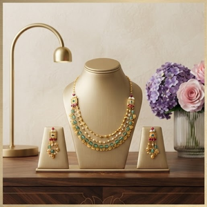 Ensemble de bijoux fins couleur or, collier superposé et boucles d'oreilles, pendentif perle verte, pour mariage et fête - Product Image 1