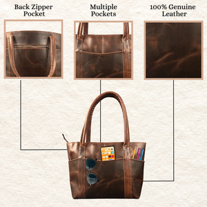 Madosh Women's Brown Durable Genuine Leather Tote Crossbody <b>Messenger</b> <b>Bag</b> Lightweight Vintage Two Zipper Ladies Shoulder Purse - Product Image 3