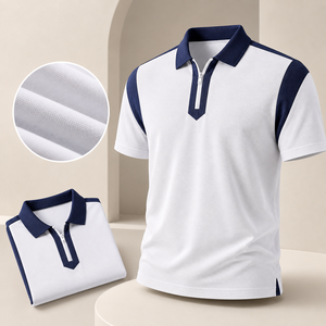 เสื้อโปโลไซส์ใหญ่สำหรับผู้ชาย แขนสั้น คอปกตัดสี ซิปหน้า สไตล์ลำลอง - Product Image 2