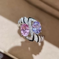 Vente directe, bague de luxe pour femme, style rétro français, avec deux pierres en diamant rose et violet, bijou coloré de luxe léger