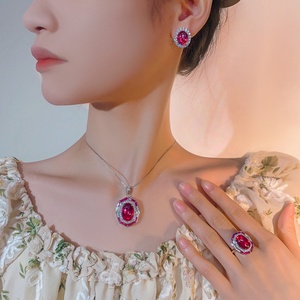 Wholesale 13*18-10*14mm Red Zircon Vintage Fashion Wedding Necklace <b>Earrings</b> Ring <b>Set</b> Eco-friendly Copper Bridal Jewelry <b>Set</b> - Product Image 6