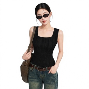 <b>Women's</b> <b>Black</b> Pleated Square Neck Sleeveless <b>Tank</b> <b>Top</b> Slim Fit Stretch Casual Basic Vest <b>Top</b> Wholesale Summer Clothing - Product Image 6
