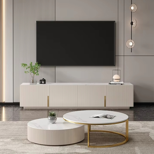 Factory Wholesale Minimalist Style White TV Unit Stand with Stone Top Media Entertainment Center Living Room Furniture Cabinet