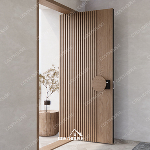 Puerta de Entrada Moderna de Madera CosyHouse, Puerta Frontal de Teca y Roble con Listones Verticales, Lista para Cerradura Inteligente, Resistente a la Intemperie, Tamaño Personalizado, OEM - Product Image 1