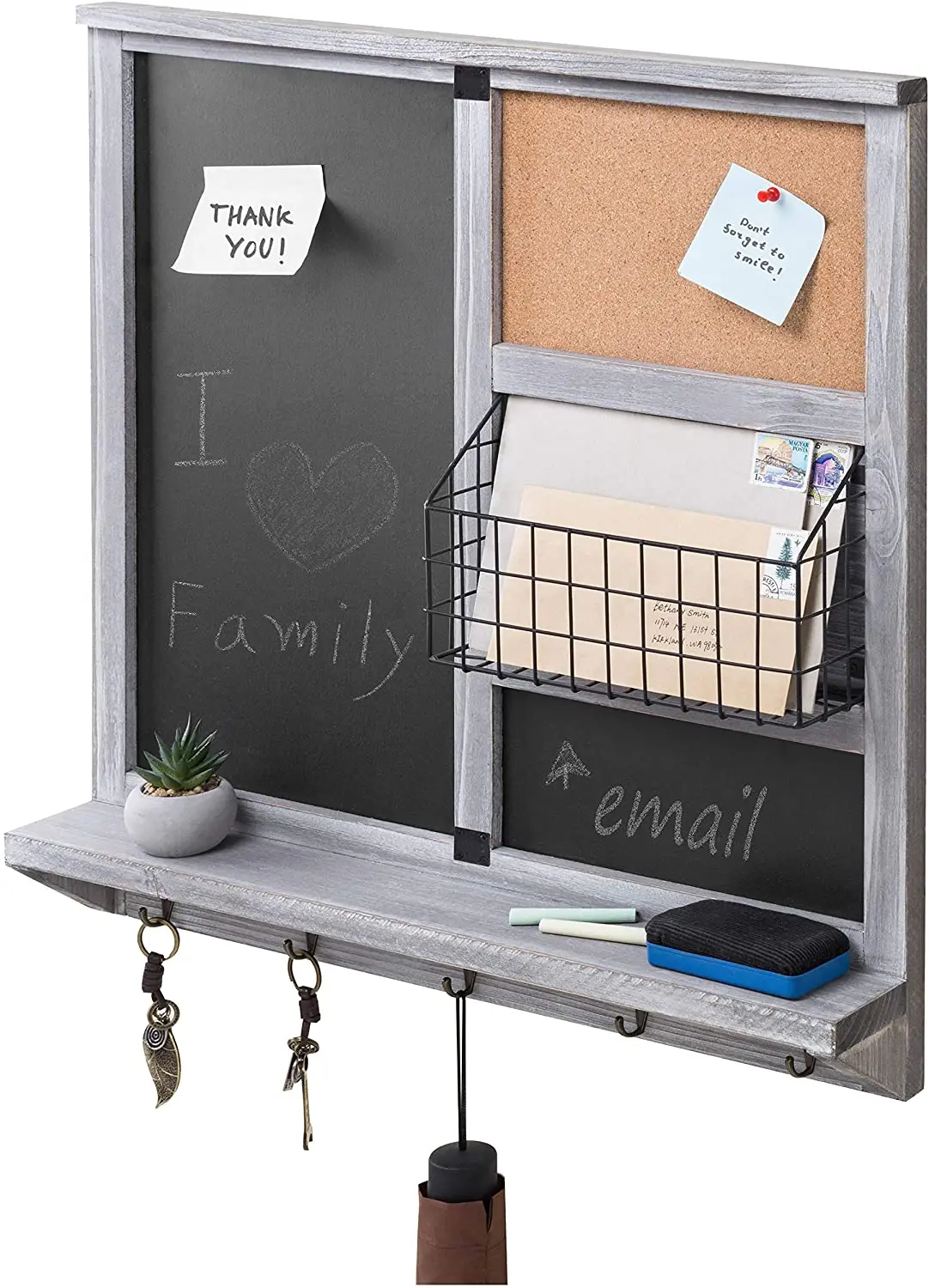 Wall Mounted Vintage Gray Wood Chalkboard/Cork Board Sign with Mail Basket Shelf, and 5 Key Hooks Decor