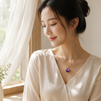 Collar con colgante de bola de amatista y cobre con cadena de bambú, resistente al agua y al deslustre, envuelto en alambre, joyería llamativa de estilo celestial y moderno