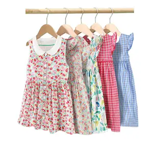 New Summer Princess Children Clothing Cotton Baby Kids Girls Flowers Plaid Dresses with Ruffle sleeves 2-12 years old