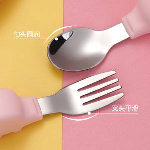 Juego de tenedor/cuchara de silicona de acero inoxidable 304 para niños, cuchara de entrenamiento con dibujos animados, regalo de comida complementaria para bebés - Product Image 3