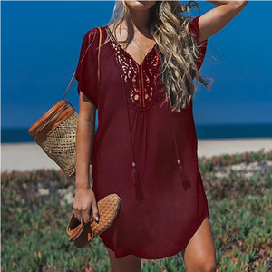 Robe décontractée d'été en viscose tendance, grande taille, unie, avec dentelle, respirante, col en V, mi-longue, coupe ample, pour les <span class=keywords><strong>vacances</strong></span> - Product Image 3
