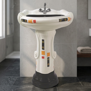 Vistaar OEM Square Flower Printed Vitrossa Ceramic Pedestal Wash Basin Brown Sterling <b>Set</b> Mall Use India Export Design - Product Image 1